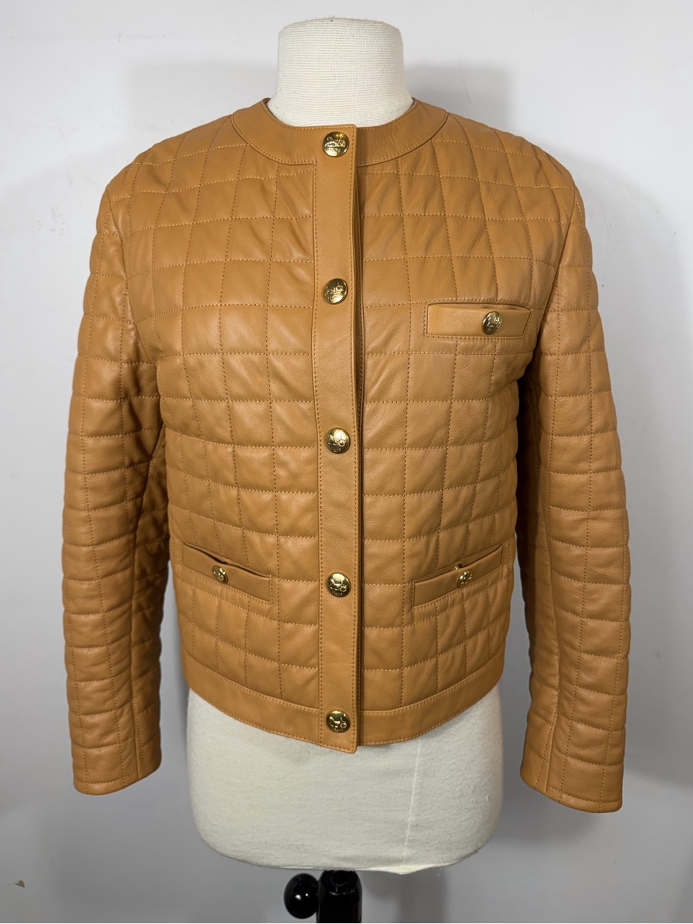 CELINE Quilted Lambskin Leather Jacket Camel Gold Buttons 36 US 4